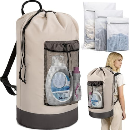 150L Laundry Bag Backpack with 3 Sizes Mesh Wash Bags and Shoulder Straps - color: Beige, size: 150L