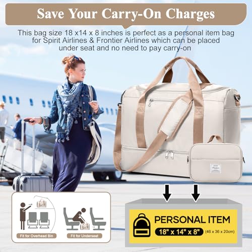 Travel Duffel Bag,Carry-On Overnight Weekender Bags with Shoes Compartment - color: Beige & Brown with Toiletry Bag, size: Small