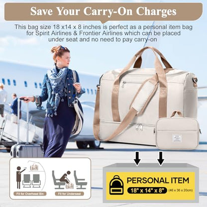 Travel Duffel Bag,Carry-On Overnight Weekender Bags with Shoes Compartment - color: Beige & Brown with Toiletry Bag, size: Small