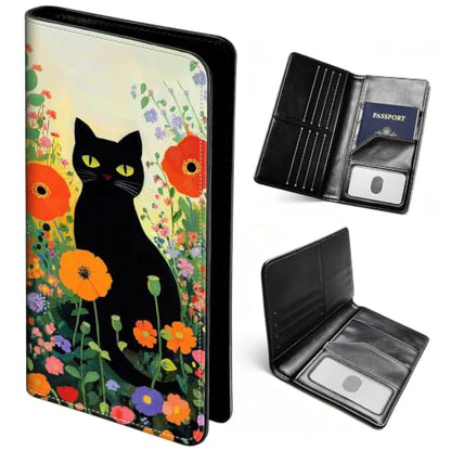 Passport Wallet for Women,Travel Wallet Passport Holder RFID Blocking - color: Black Cat Wildflower