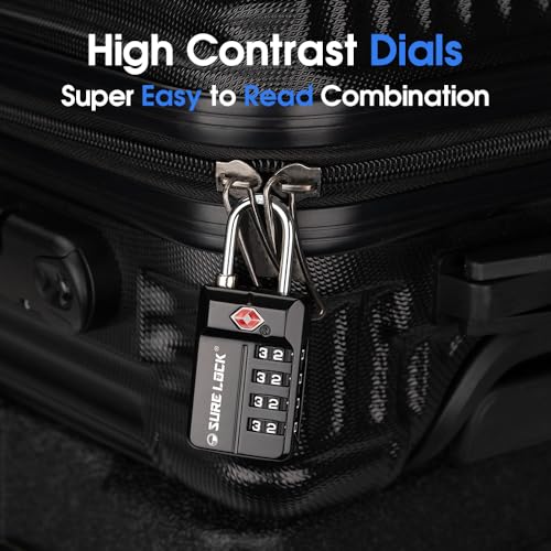 SURE LOCK TSA Approved 4-Digit Resettable Combination Luggage Locks with Open Alert, Easy-Read Dials - for Luggage, School Lockers, Gym, Office, Toolbox & Security Cases (Black 2 Pack) - color: BLACK 2 PACK