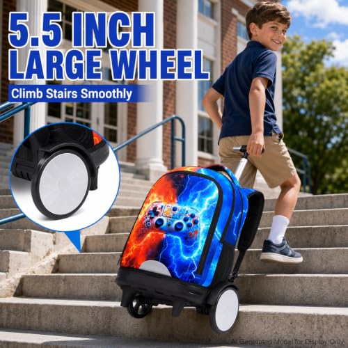 gxtvo Large Wheels & Quiet Glide | Rolling Backpack for Kids - Water-Resistant Wheeled Bag with Lunch Box for School, Travel & Outings - Fire & Lightning Gaming - color: Rolling Backpack Fire Lightning Gaming