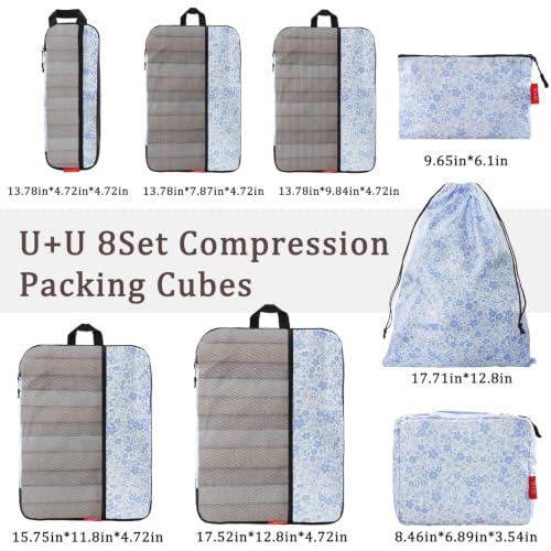 U+U 8 Set Compression Packing Cubes, Travel Organizers (Blue Flower) - color: Blue Flower, size: 8 Set