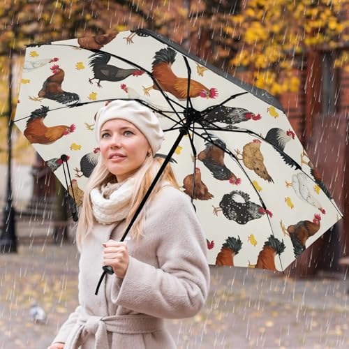 JIPONI Windproof Travel Umbrellas 01 - Large Compact Umbrella for Rain & Sun, Automatic Anti-UV Protection and Light Folding for Backpack & Car - color: Chicken