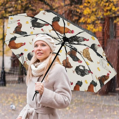 JIPONI Windproof Travel Umbrellas 01 - Large Compact Umbrella for Rain & Sun, Automatic Anti-UV Protection and Light Folding for Backpack & Car - color: Chicken