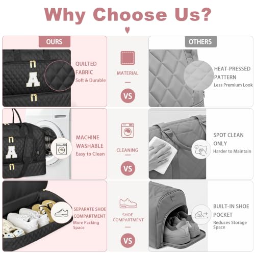 Girl Teen Women Birthday Gift Initial Weekender Bag for Women Overnight Bag - color: Black Diamond Quilted, style: E