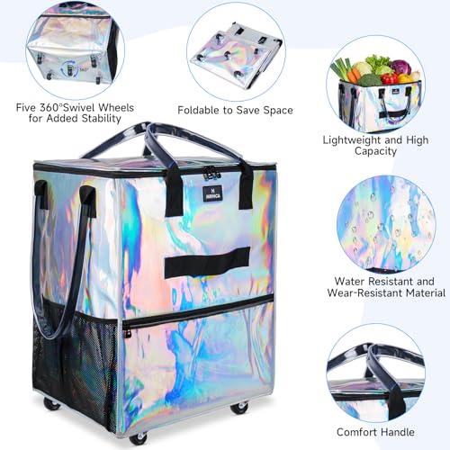Large Reusable Grocery Bag On 5 Wheels, 130L Foldable Rolling Tote Bag - color: Gradient Silver, size: Large