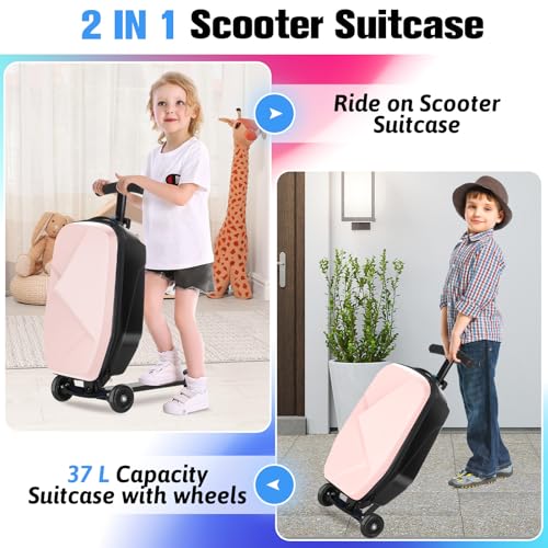 Scooter Luggage for Kids, Ride On Suitcase, Lightweight Foldable Luggage - color: Light Pink