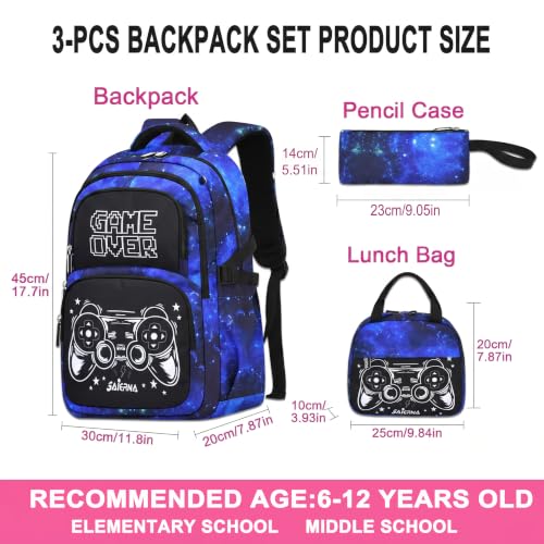 Boys Backpack Set 3PCS Ages 6-12, Kids School Backpack - color: Gamer Starry Blue