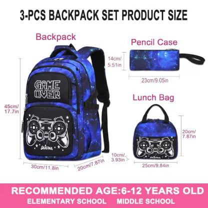 Boys Backpack Set 3PCS Ages 6-12, Kids School Backpack - color: Gamer Starry Blue