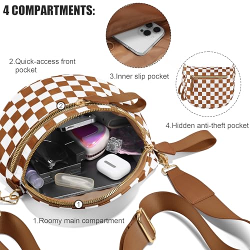 Checkered Crossbody Bags for Women, Large Nylon Bum Bags - color: Brown Checkered