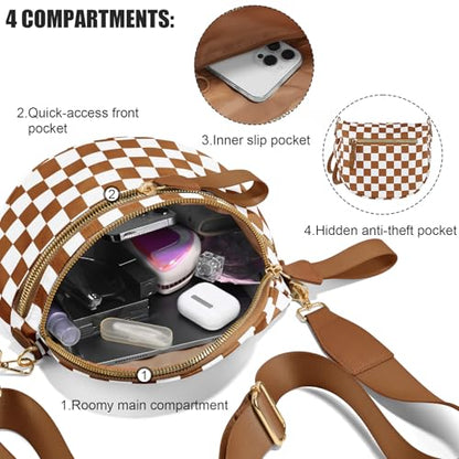 Checkered Crossbody Bags for Women, Large Nylon Bum Bags - color: Brown Checkered