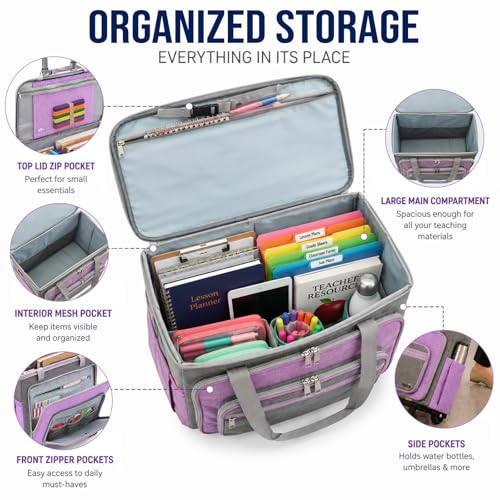 Rolling Craft Bag With Wheels, Teacher Organizer Tote With Detachable Trolley - color: purple, size: 2 Wheels & Fixed Front Feet