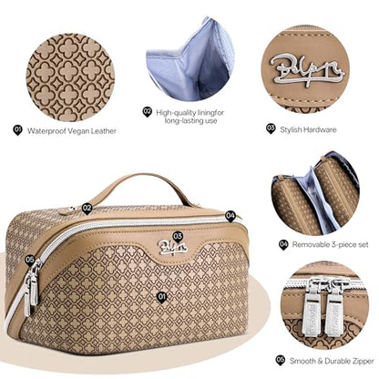 BOYATU Travel Makeup Bag for Women: Four Leaf Clover 3 Pcs Set Cosmetic Bag - color: M-05Brown