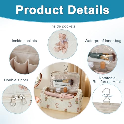 Quilted Travel Case Compatible, Toiletry Bag for Hair Curler Tools and Accessories, Hanging Case with Hook, Beige, 1 Pc - color: Bears