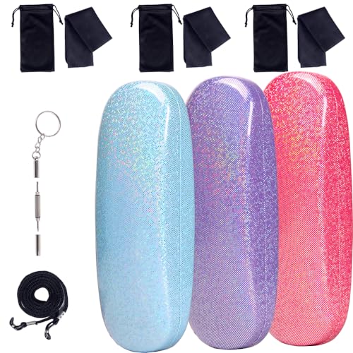 ADBGV 3Pcs Unisex Hard Shell Eyeglasses Cases, Protective Case For Glasses,Sunglasses Case with Cleaning Cloth - color: A_blue+purple+roseo
