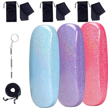 ADBGV 3Pcs Unisex Hard Shell Eyeglasses Cases, Protective Case For Glasses,Sunglasses Case with Cleaning Cloth - color: A_blue+purple+roseo