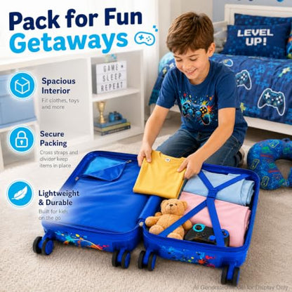 Boys Suitcase, Lightweight Hardshell Spinner Kids Luggage Set 2PCS with Wheels - Airplane Approved Carry-On for Children Ages 3-10, Energetic Game Rolling Suitcases for Elementary Toddler Travel - color: Blue Fun Game Luggage 2PCS Set