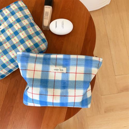 Wudygirl Makeup Bag for Women Cosmetic Bag 10.5"x7.5" Blue White Plaid - color: BLWH Line