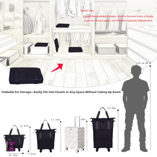 Travel Rolling Duffel Bag with Removable Wheels,Expandable Foldable Carry-On Luggage for Trip or Hospitalization - color: Navy Blue