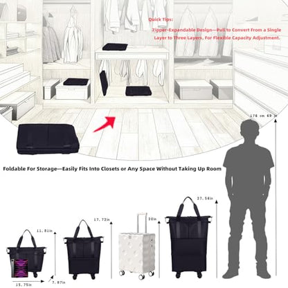 Travel Rolling Duffel Bag with Removable Wheels,Expandable Foldable Carry-On Luggage for Trip or Hospitalization - color: Navy Blue