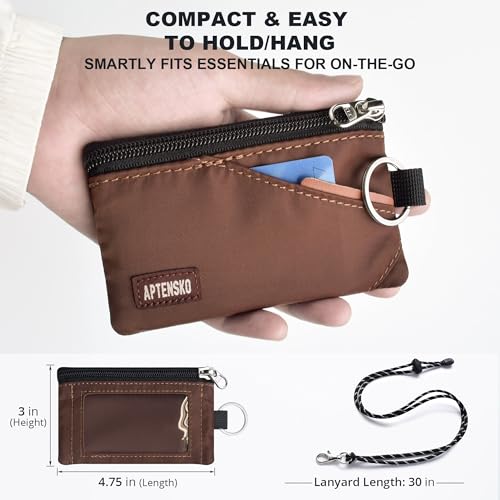 RFID 차단 여행용 지갑, 조절 가능한 랜야드 포함, 작은 나일론 지퍼 파우치 및 신분증, 신용 카드, 현금, 열쇠, 통근자용 배지 홀더, 커피., 끈이 달린 RFID 차단 여행용 지갑 - color: 커피.