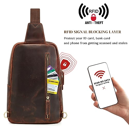 S-ZONE Sling Bag for Men Women RFID Blocking Genuine Leather Crossbody - color: Dark Brown
