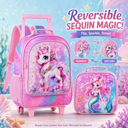 KLFVB Rolling Backpack for Girls Boys, Kids Roller Wheels School Bookbag with Lunch Bag, Wheeled School Bag for Children - color: 3pc Mermaid Pink