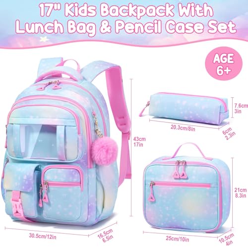 Fimibuke Kids Backpack for School Girls, Waterproof Backpack w/Lunch Box - color: A3.Clear Sky Blue