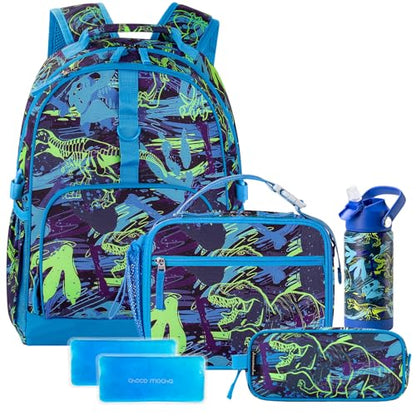 Choco Mocha Dinosaur Backpack Set Kids Backpacks for Boys, Boys Backpack with Lunch Box & Water Bottle, Elementary School Bookbag Age 6-8 17 Inch, Blue - color: Dinosaur Blue