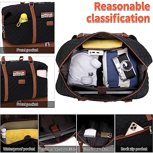 Weekender Bag, Large Travel Duffel Bag for Women, Carry on Overnight Bag with Shoe Compartment and Toiletry Bags - color: Black
