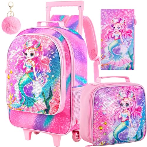 KLFVB Rolling Backpack for Girls Boys, Kids Roller Wheels School Bookbag with Lunch Bag, Wheeled School Bag for Children - color: 3pc Mermaid Pink