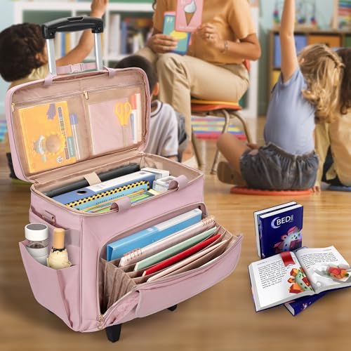 LUXJA Rolling Teacher Bag with Wheels and 15.6" Laptop Compartment, Pink - color: Pink