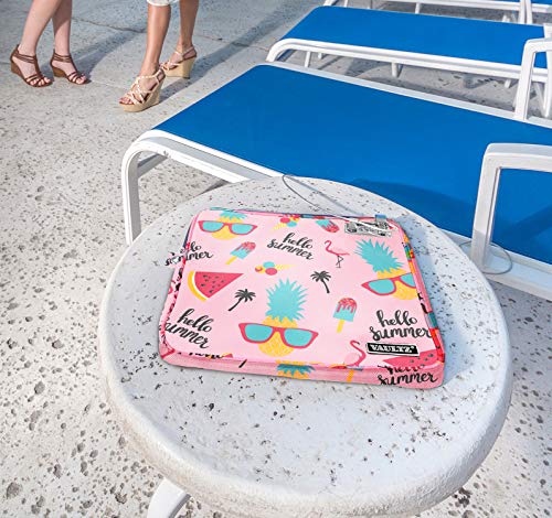 Vaultz Locking Pool Pouch - Water-Resistant Combination Locking Pouch w/Tether for Cash, Pool, Beach, Bank, or Travel - 7.5 x 9 Inches, Medium, Hello Summer | Combination lock and tether keep cash and valuables secure at the pool, beach, bank or while tra
