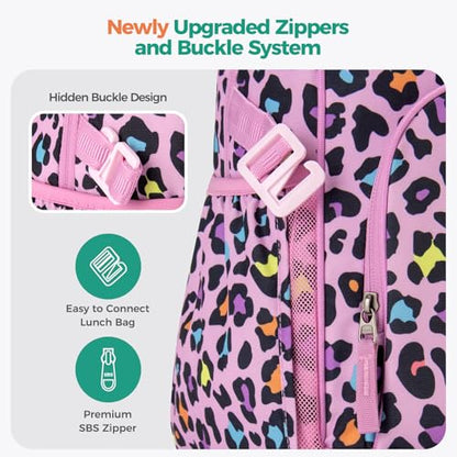 Choco Mocha Cheetah Backpack Set Kids Backpacks for Girls, Girls Backpack with Lunch Box & Water Bottle, Elementary School Bookbag Age 6-8 17 Inch, Laser Pink - color: Cheetah Pink Purple