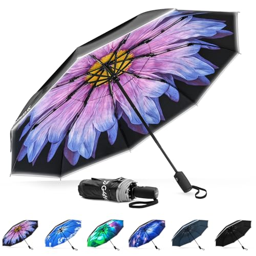 G4Free 42 Inch Eco Windproof Umbrella for Rain Strong Compact Umbrellas - color: Black/Purple Daisy