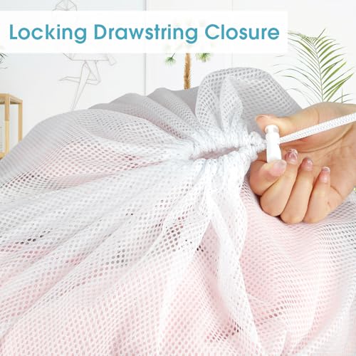 2 Pack Mesh Laundry Bags 23x34 Inch Drawstring Locking for Travel Home - color: White