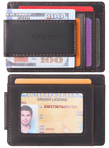 Toughergun Slim Wallet for Men RFID Blocking Money Clip, Minimalist Front Pocket Credit Card Holder, Magnetic Thin Mens Wallets with ID Window - color: Deep Coffee