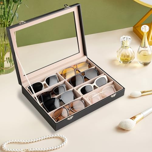 Frebeauty 8-Slot Sunglass Organizer,Sunglass Holder with Clear Lid - color: Black, size: With Lid