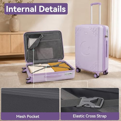 Somago 3 Piece Expandable Luggage Set with Brake Wheels & Cup Holder, 20/24/28 Inch Hardside Spinner Suitcase Set with TSA Lock, Star Moon Pattern Travel Collection for Family Vacation,Light Purple - color: Light Purple, size: 3 PCS Set (20in/24in/28in)