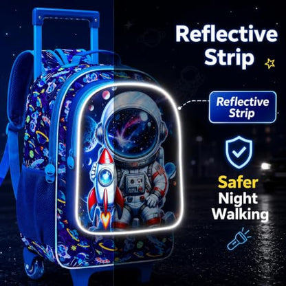 AGSDON 3PCS Rolling Backpack for Girls Boys, Kids Roller Wheels Bookbag, Wheeled School Bag with Lunch Bag - color: Rolling Astronaut Rocket Blue