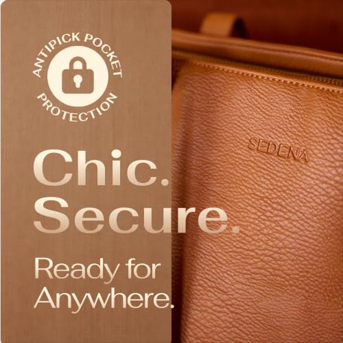Women’s 16” Laptop Tote Bag, Vegan Leather Work Bag with Cupholder, RFID & Anti-Pickpocket Trolley Sleeve - color: Brown