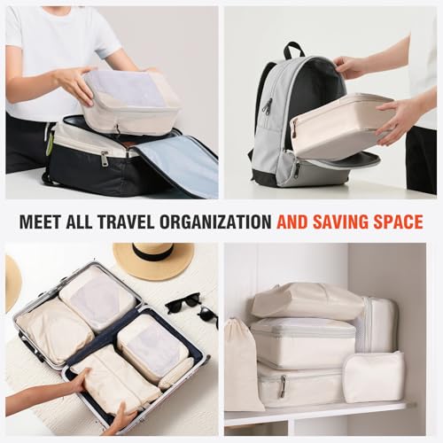 MADIKA 6 Pcs Compression Packing Cubes for Travel, Mesh Window, Beige - color: Beige