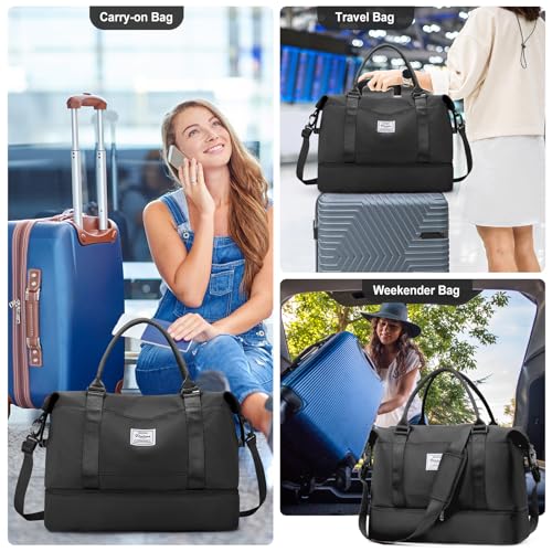 Travel Duffel Bag,Overnight Weekender Bags for Women with Wet Pocket - color: A-Black, size: Large