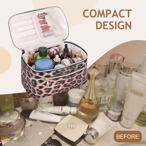 FITINI Travel Leopard Makeup Bag Cosmetic Bag with Zipper,Large Capacity Waterproof Toiletry Organizer Bag for Women Purse With Handle Zipper Brush Pouch - color: Leopard