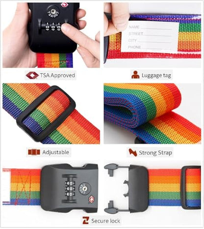 Travel Luggage Strap Adjustable Suitcase Packing Belt with TSA Combination Lock 2 Pack Rainbow 2P - color: Rainbow 2P