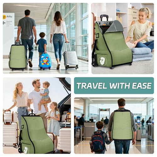 Rolling Car Seat Travel Bag with Wheels – Car Seat Backpack Transport Case for Airplane Travel, Fits Convertible & Booster Seats, Protective Storage Cover, (Green) - color: Green
