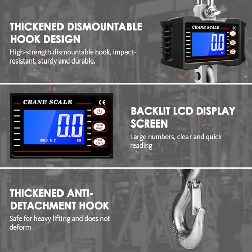 2200lb/1000kg Digital Crane Scale, Heavy Duty Industrial Hanging Scale with Backlit LCD, Tare, Data Hold and Unit Switch for Factory, Construction, Farm