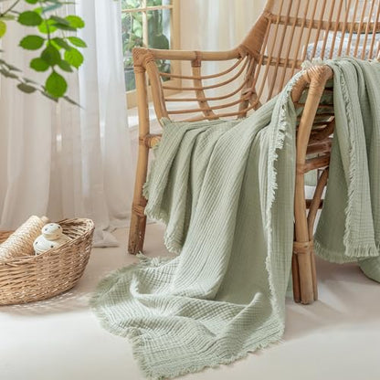 Muslin Fringe Blankets for Adults: 100% Cotton Cloud Soft - color: Sage Green, size: Throw (50" × 60")