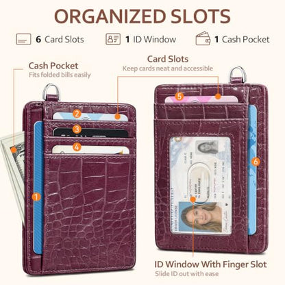 Coco Rossi Crocodile Wallet Women Slim Credit Card Holder with Keychain | Luxury Wallets, Alligator Print, RFID Blocking, ID Case, Small Minimalist, Womens Girls Gift, Plum Croc - color: A Plum Croc